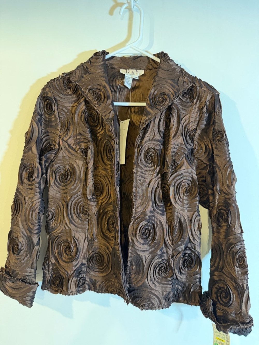 D&Y Women's Brown Textured Rose-Swirl Double Zip Front Jacket